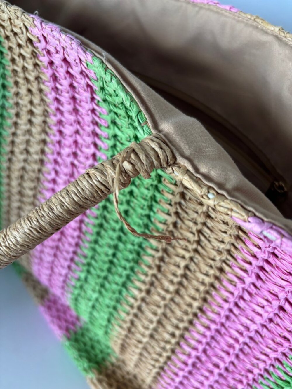 A New Day Striped Woven Straw Tote Bag Pink Green Tan Crochet Shoulder Handbag - Picture 6 of 9